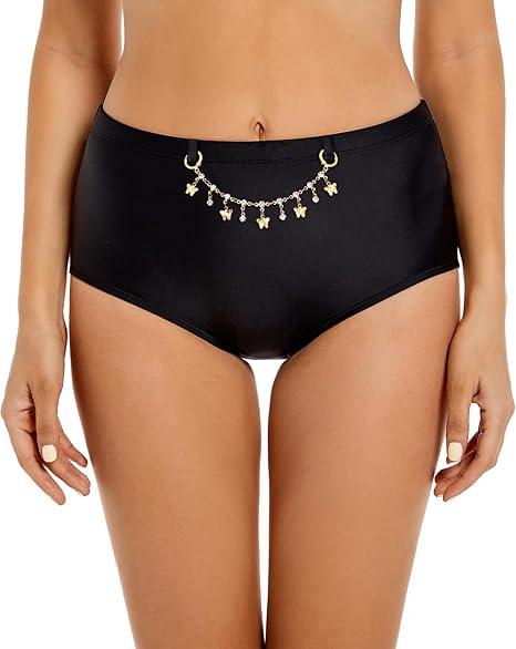 Seagoo Womens High Waisted Bikini Bottoms Tummy Control Full Coverage Bathing Suit Swim Bottom with Paperclip Chain Large