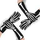 2 Pairs Black Skeleton Gloves, Day of The Dead Ghost Full Finger Bones Accessories for Halloween Cosplay Parties (BLACK, Long)