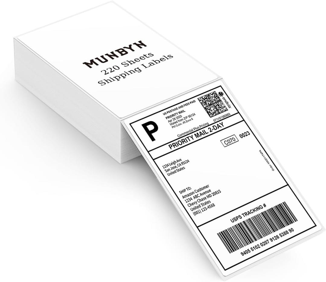 MUNBYN 4"x6" Direct Thermal Shipping Labels, Commercial Grade Permanent Adhesive Fanfold Mailing Postage Label Paper for Thermal Printers and Packages, 220 Sheets per Stack (White)