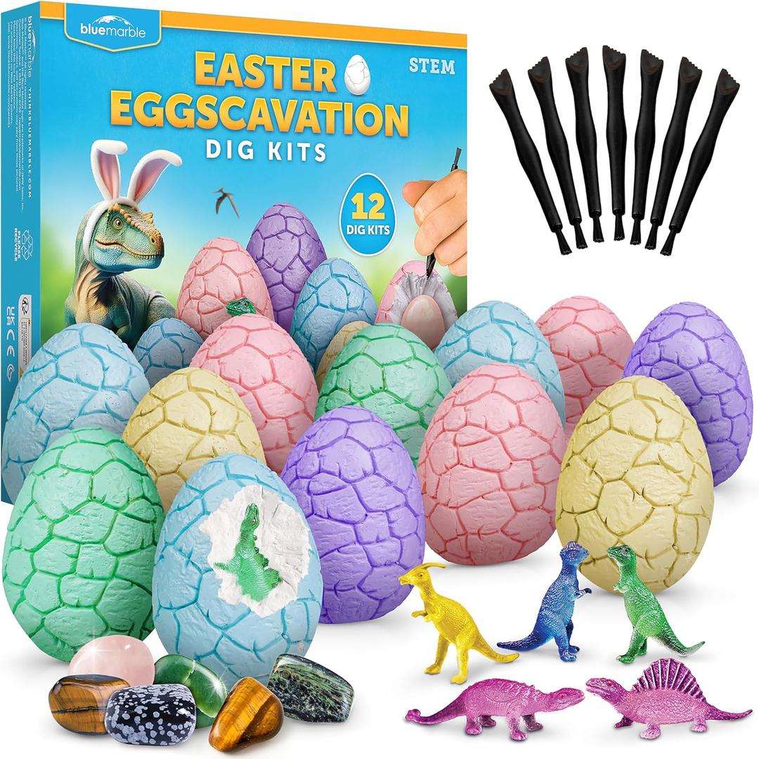 Blue Marble Easter Eggscavation Dig Kit - 12 Easter Egg Dig Bricks with Real Gemstones & Glow in The Dark Dinosaur Figures, Includes Dig Tools, Egg Hunt or Dig Party Activity, Easter Basket Stuffers