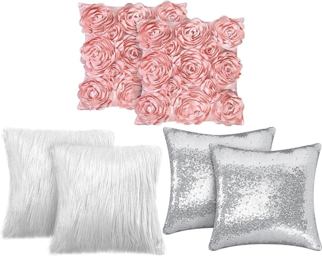 Oudain 6 Pcs Decorative 3D Rose Flower Pillow Cover, 16 x 16 Inch Faux Fur Throw Pillow Covers for Bed Square Sofa Bedroom Car(Pink, White, Silver)