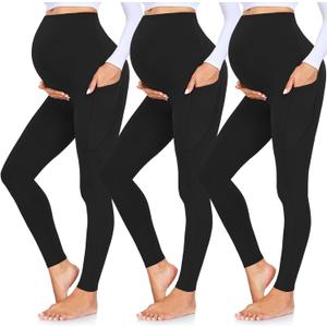 GROTEEN 3 Pack Women's Fleece Lined Maternity Leggings Over The Belly with Pockets Workout Warm Winter Pregnancy Yoga Pants (L, Black, Grey, Brown)