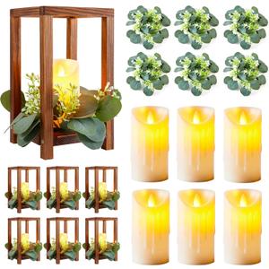 6 Set/18 Pcs Wooden Wedding Lantern Centerpiece Include 6 Wooden Lantern Candle Holder 6 Flameless LED Candle 6 Eucalyptus Leaves Wreath for Centerpieces Wedding Table Party Farmhouse Decor