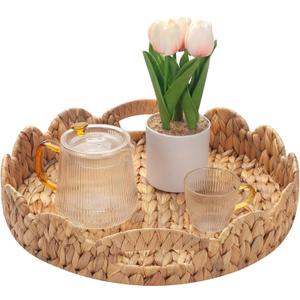 Yangqihome Round Scalloped Serving Tray, 14 inch Decorative Water Hyacinth Scalloped Basket with Built-in Handles, Round Ottoman Trays for Coffee Table for Kitchen and Living Room