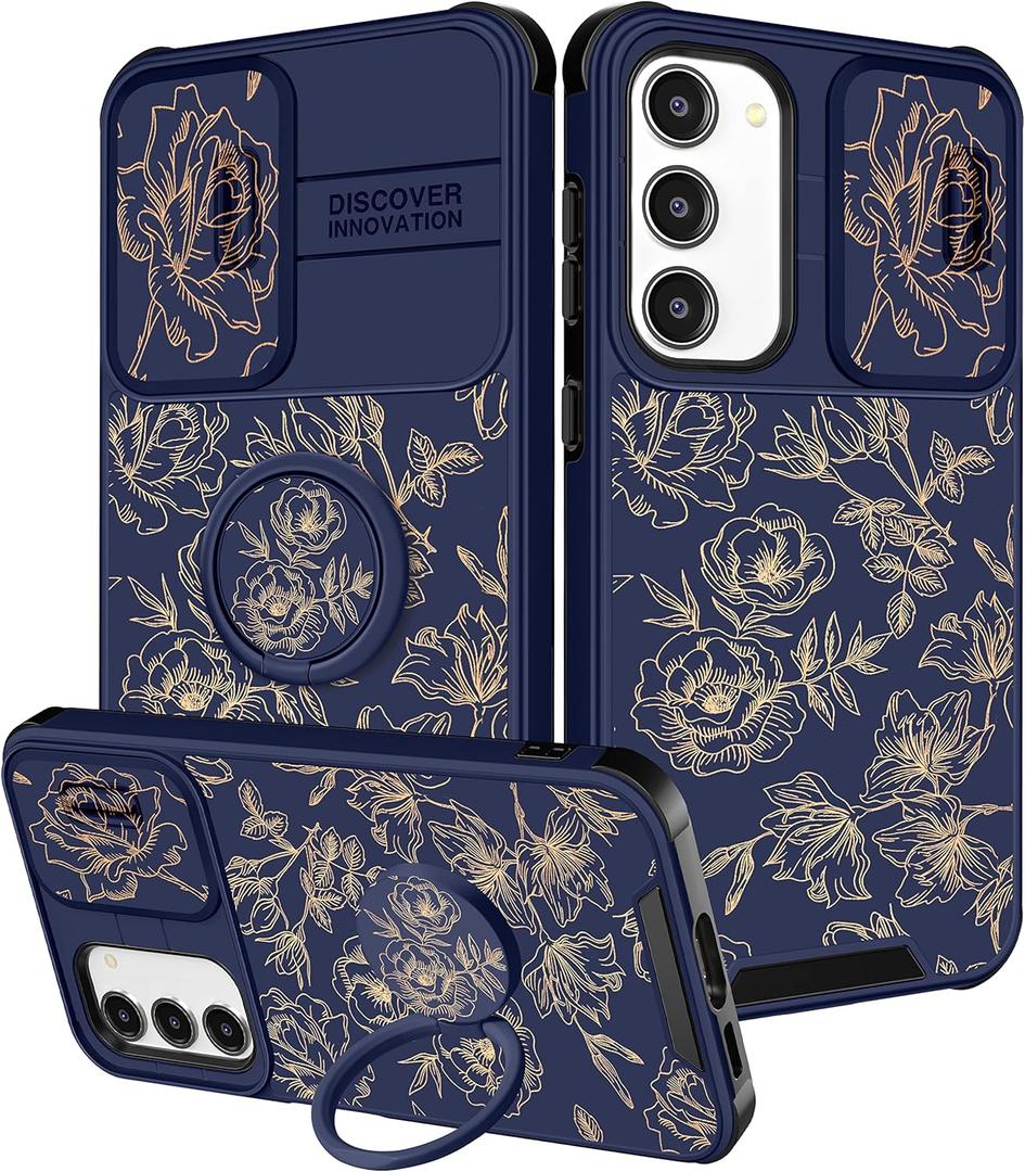 (2in1 for Samsung Galaxy S23 Case for Women Cute Girls Cover Gold Flower Girly Kawaii AestheticFloral Teens Design with Camera Cover and Ring Stand for Samsung S23 Case (for Samsung Galaxy S23, 4-Gold Flower)