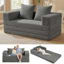 Convertible Sofa Bed, 4-in-1 Boneless Loveseat with Removable Armrests Backrest, Corduroy Futon Couch Bed with Pillow, Foldable Mattress Sleeper Sofa for Living Room Bedroom Small Place (Grey)