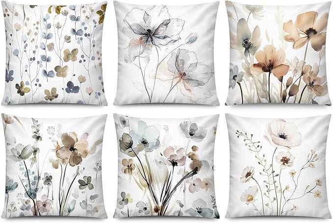 Set of 6 Brown and Grey Floral Throw Pillow Covers 18 x 18 Inches, Watercolor Square Cushion Covers for Sofa Couch Living Room Home Decor