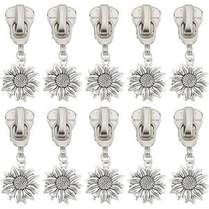 PLIGREAT 20 Pcs Sunflower Zipper Pulls Silver #5 Replacement Repair Kit Universal for Jacket Luggage Bag Tailor Shop Accessories Fashion Metal Slider for Nylon Coil Zippers