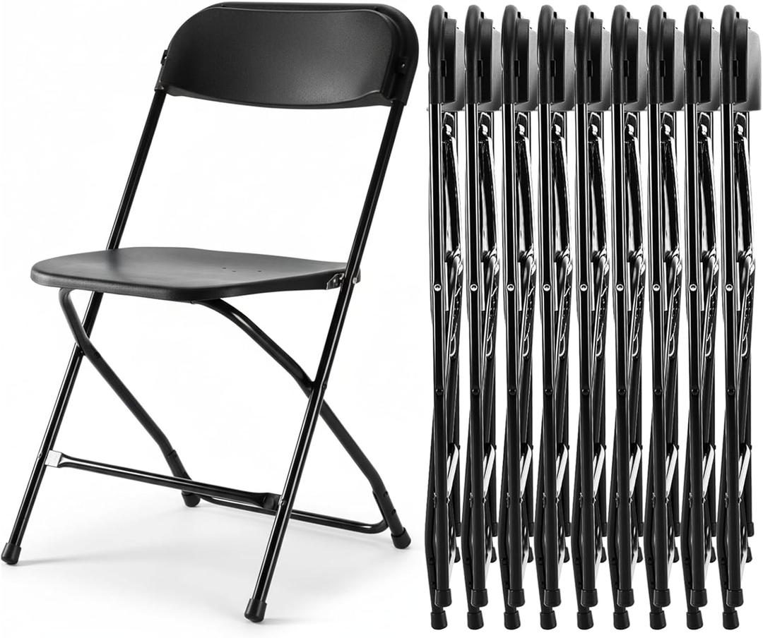 HealSmart 10 Pack Indoor/Outdoor Folding Chairs, Black Plastic Foldable Chair, Portable Stackable Commercial Stable Seat, Steel Frame, 330 lbs Capacity for Events Office Wedding Party Kitchen Dining