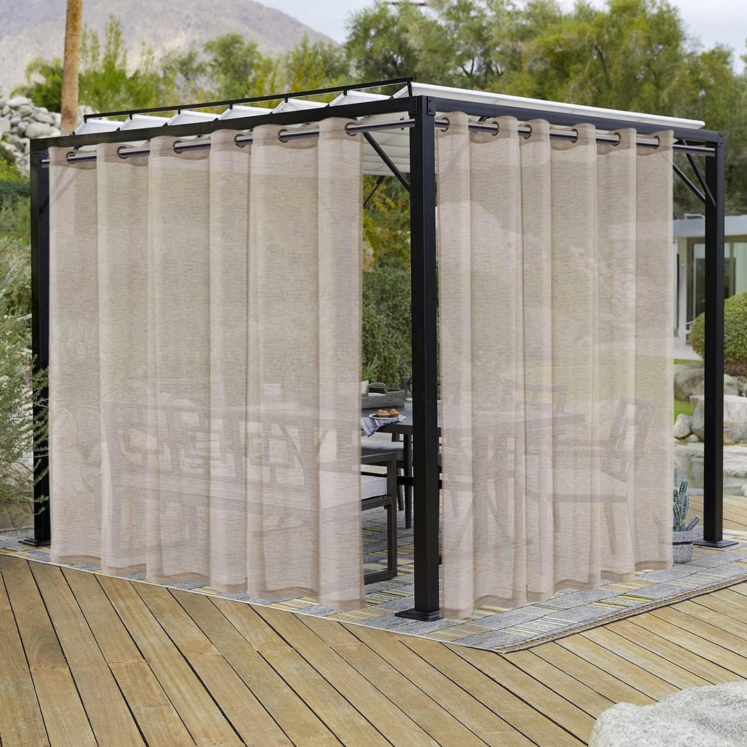 LORDTEX Burlap Linen Look Outdoor Curtains for Patio - 2 Panels Waterproof Sheer Curtains for Pergola, Porch, Cabana and Gazebo Grommet Indoor/Outdoor Voile Sheer Drapes (100 x 120 inch, Linen)