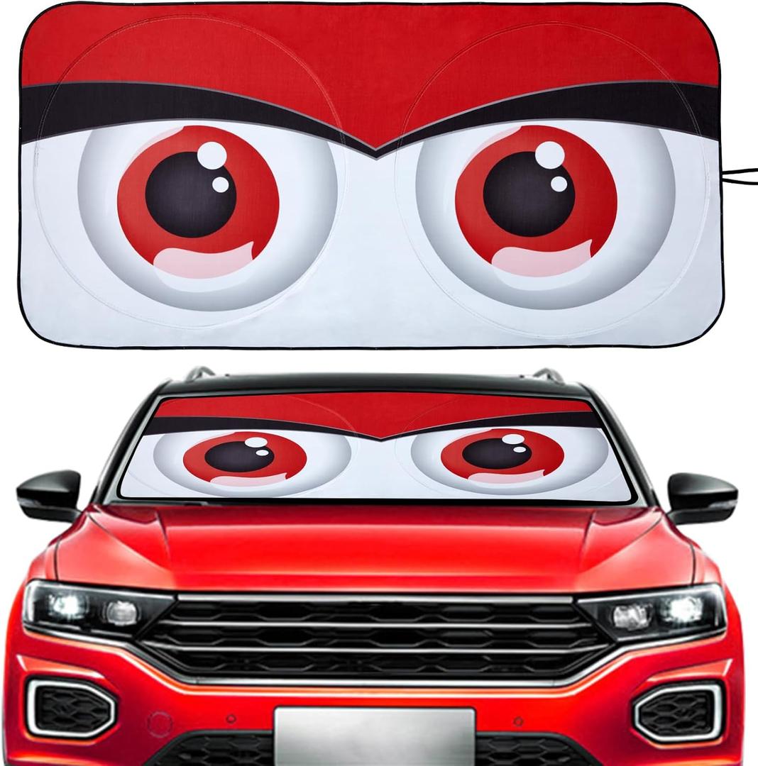 Vepagoo Windshield Sun Shade - Funny Red Big Eyes Design, Anti-UV, Heat Protection for Car Interior Dashboard & Window Decoration (65X32 inch)