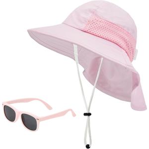 Century Star Baby Sun Hat with Sunglasses for Girls Boys Neck Flap Protection UPF 50+ Beach Hats Kids Wide Brim Outdoor Swim Cap for Toddler A1 Pink 2-6 Years