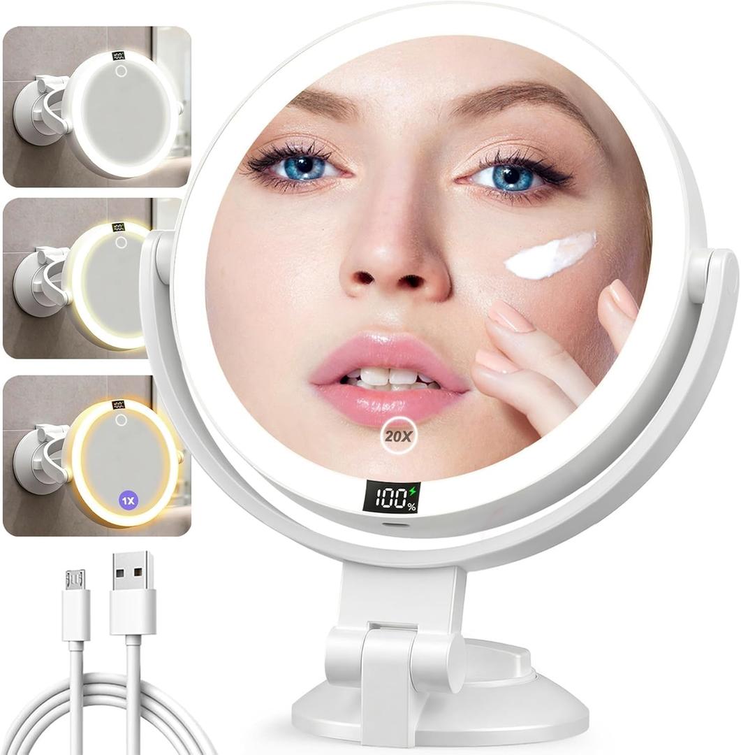 Shinowa Makeup Mirror with Lights, 20X Wall Mounted Lighted Magnifying Mirror, 2-Sided Vanity Mirror with 3 Color Lights & Brightness Adjustment, 360 Rotation Rechargeable Desk Mirror, Travel Mirror