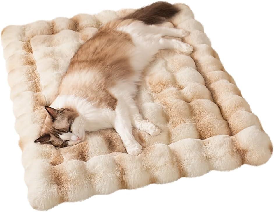 Cat Bed Ultra Soft Plush Machine Washable Pet Mat with Non-Slip Rubber Bottom for Indoor Cats & Dogs Faux Fur Cushion Pad for Floor Couch Carrier for Kittens & Puppies 23 x 15 Inch Medium Camel