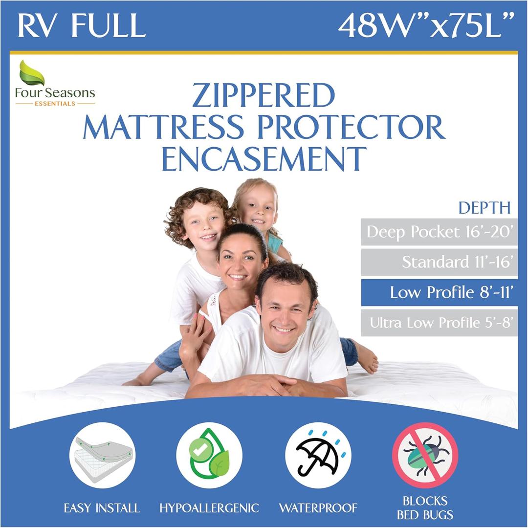RV Short Full Mattress Protector Fits 8"-11" Depth - Zippered Waterproof Bed Bug Three Quarter 3/4 Full Mattress Encasement (48Wx75 L) - Hypoallergenic Premium Bed Cover Protects from Dust Allergens