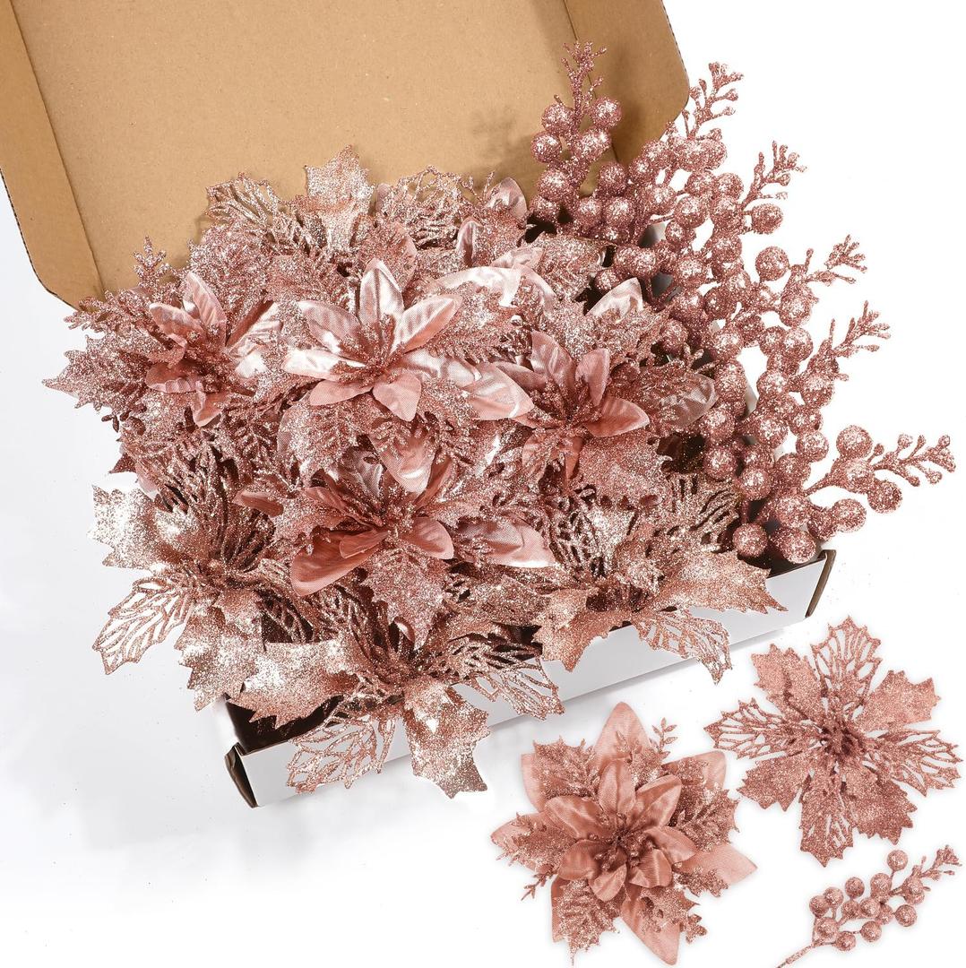 22 Pcs Rose Gold Christmas Poinsettia Artificial Flowers and Glitter Berries Stems Kit, Christmas Poinsettias Decorations and Christmas Tree Ornaments for Xmas Home Wedding Holiday Tree Decor