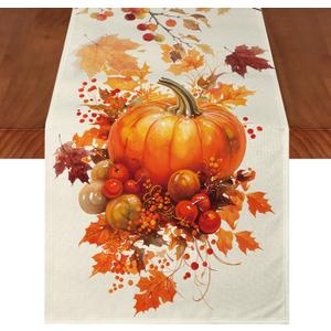 2 x Thanksgiving Table Runner, Hello Fall Pumpkin Hawthorn, Fall Table Decor Centerpieces for Home Kitchen Party Decorations 13x72 Inch