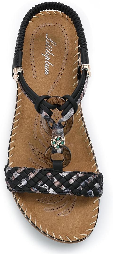 Littleplum Women Sandals Arch Support Handmade Bohemian Braided Flat Sandals Comfort Walking Beach Ankle Elastic Summer Shoes (8.5, Fashion Black)