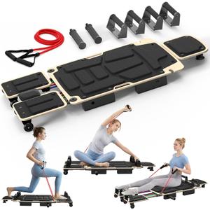 Pilates Board Reformer for Home Workout, 5-in-1 Pilates Equipment with Dual & Split Foot Pads, Smooth Sliding Rail System, Adjustable Headrest for Heights 3'7"–6'3", Core & Full-Body Training