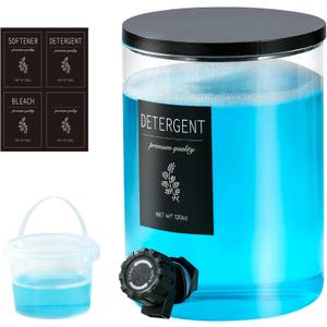 1 Glass Laundry Detergent Dispenser with Black Bamboo Lid - 120 Oz Liquid Detergent, Laundry Soap & Fabric Softener Dispenser for Laundry Room Organization and Storage with 1 Cups & 4 Labels