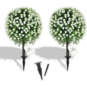 27.2" Artificial White Rose Topiary Set of 2 with Spike, Fake Plants Boxwood Ball Greenery Shrubs, Uv Resistant Push in Flowers Artificial Bushes for Outdoor Front Porch Decor Home Faux Plants Indoor
