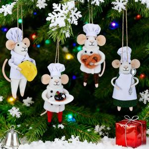 Set of 4 Christmas Felt Mouse Ornaments, 5.5" Mini Chef & Waiter Mice for Christmas Tree Wreath Hanging, Wool Xmas Tabletop Decor, Animal Crafts for Holiday Easter Gifts Party Supply