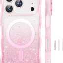 GVIEWIN Magnetic for iPhone 17 Pro Case, [Full Camera Protection] [Compatible with MagSafe] Curly Wavy Frame Gradient Sparkly Glitter Women Girls Phone Cover for 17 Pro 6.3", Pink