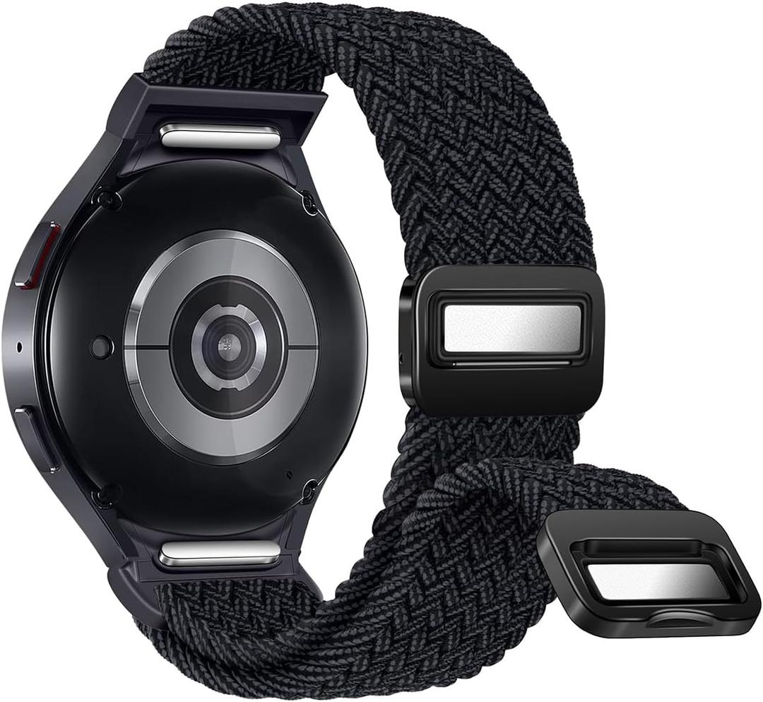 One Click No Gap Braided Bands Compatible with Samsung Galaxy Watch 7 6 4 5 FE Band 40mm 44mm/Galaxy Watch 6 4 Classic 47mm 43mm 42mm 46mm/Watch 5 Pro 45mm, 20mm Elastic Nylon Sport Strap Men Women (M-Graphite Black)