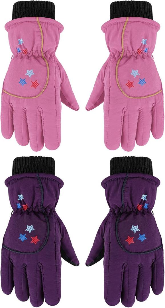 Hicarer 2 Pairs Kids Waterproof Winter Gloves Snow Gloves for Boys Girls Child Toddler Warm Ski Gloves for Cold Weather (5 - 8 Years, Pink and Dark Purple)