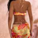 Women's Floral Bikini Set Tropical Halter 3 Piece Wrap Mini Skirt Beachwear Sexy Summer Vacation Outfit Swimwear Yellow Medium (M)