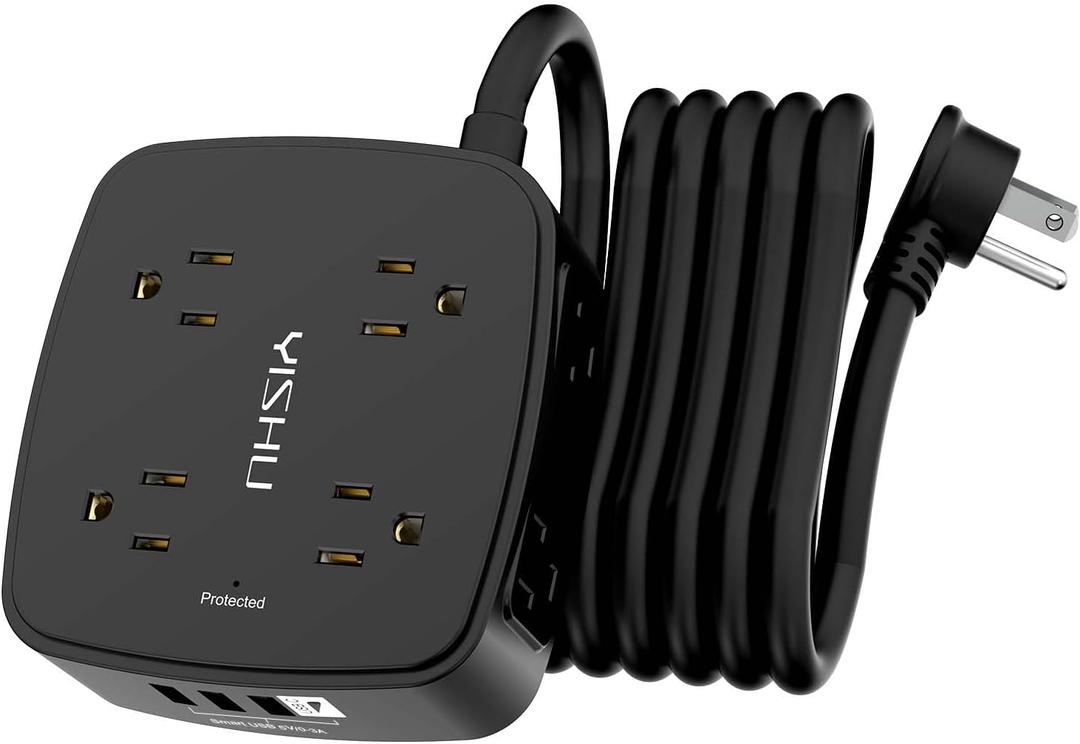 10 Ft Surge Protector Power Strip - 8 Widely Outlets with 4 USB Ports, 3 Side Outlet Extender with 10 Feet Extension Cord, Flat Plug, Wall Mount, Desk USB Charging Station, ETL, Black