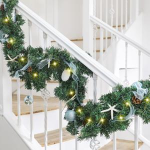 Soulchen 6 ft Pre-lit Christmas Coastal Garland Seaside Beach Themed Garland with Scallop Shells, Starfish Ornaments for Xmas Home Mantle Stairs Fireplace Table Centerpiece Indoor Holiday Decor