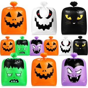 Qilery 12 Pcs Halloween Leaf Lawn Bags Plastic Pumpkin Trash Bags for Leaves with Twist Ties for Halloween Yard Garden Outdoor Party Favors Decorations