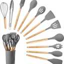 Silicone Cooking Utensils Set, 12Pcs Large Heat Resistant Kitchen Utensils, Turner Tongs, Spatula, Spoon, Wooden Handle Kitchen Gadgets with Holder for Nonstick Cookware, Dishwasher Safe (Grey)