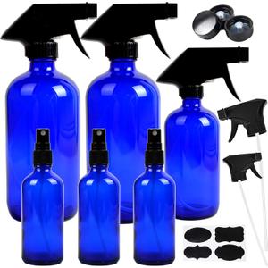 Youngever 5 Pack Empty Cobalt Blue Glass Spray Bottles Refillable Containers, 16 oz 8 oz 4 oz Spray Bottles for Essential Oils, Cleaning Products, Durable Black Trigger Sprayer Fine Mist and Stream