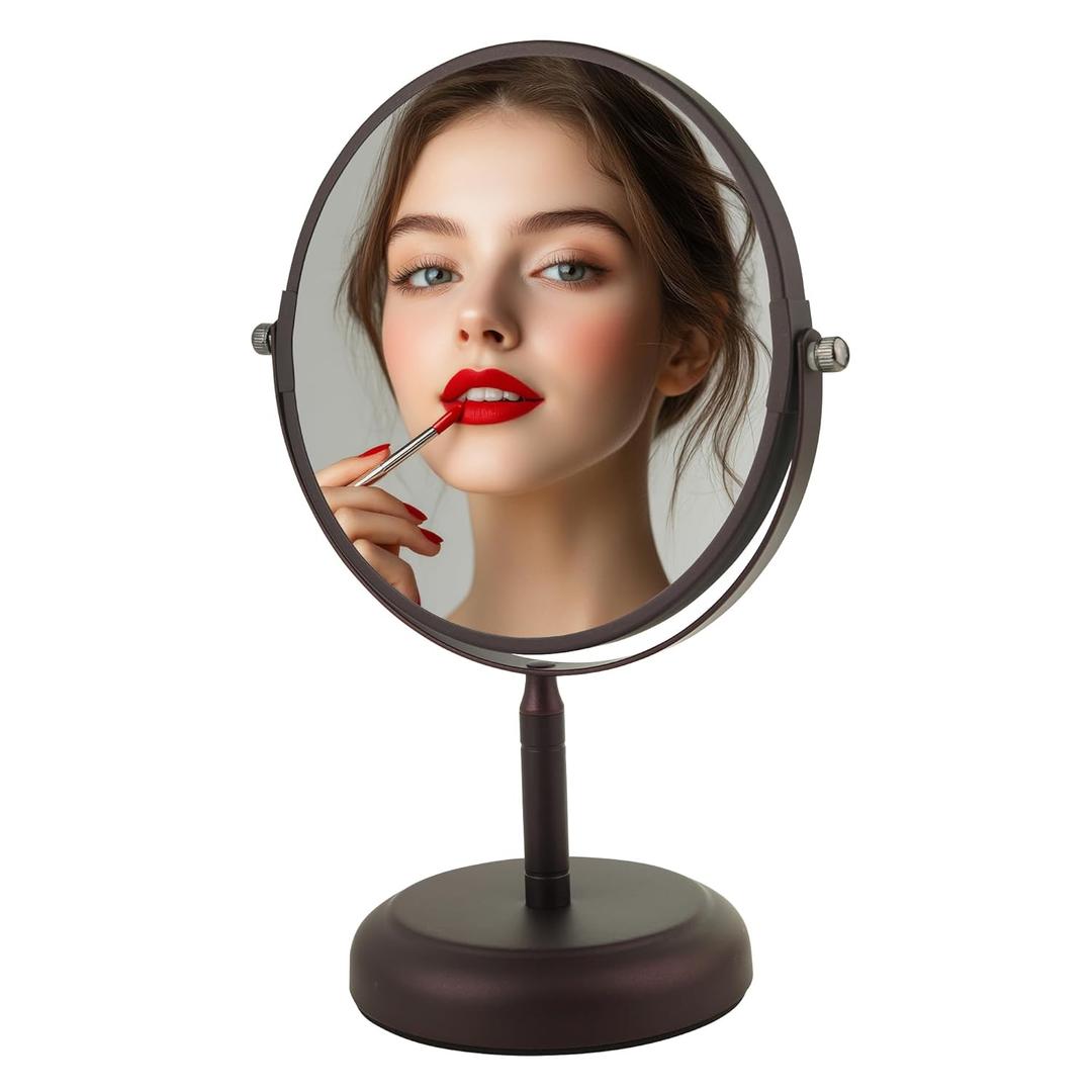 OVENTE 7'' Tabletop Makeup Mirror with 1X/5X Magnification, 360 Swivel Design and Double-Sided Free-Standing Vanity Mirror Perfect for Dresser, Bedroom and Office Desk, Antique Bronze MNLDT70ABZ1X5X