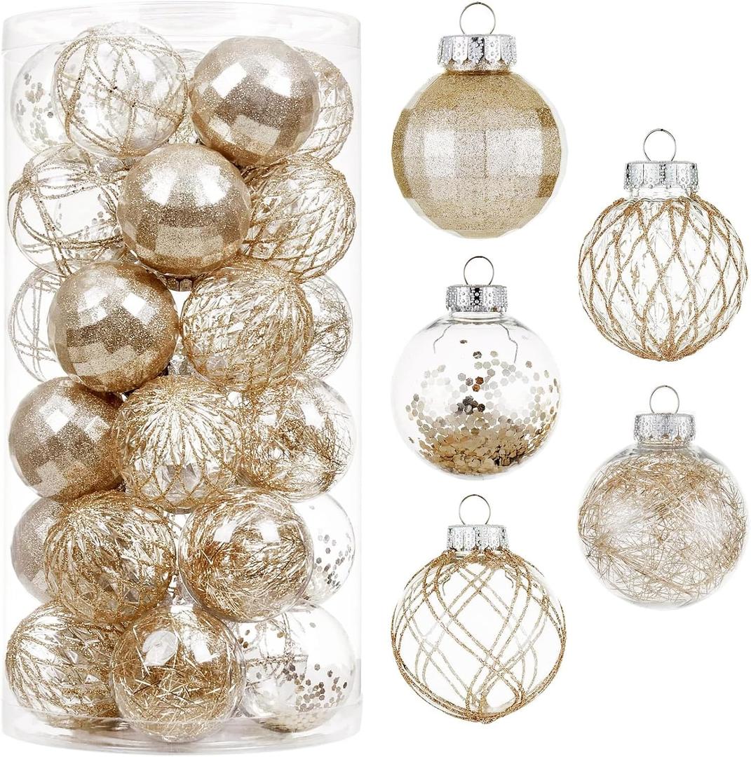 30ct Christmas Ball Ornaments-60mm/2.36" Shatterproof Clear Plastic Xmas Balls Baubles Set with Stuffed Delicate Sparkling, Hanging Christmas Tree Decorations(Champagne Gold)