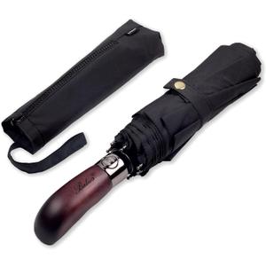 Travel Folding Umbrella with Real Wood Handle Auto Open Close Vented Windproof Canopy - Designed in UK