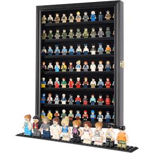 Minifigure Display Case - Building Block Toy Wall Cabinet Showcase for Small Miniature Collectibles Mini Brands Thimbles, Lockable UV Protection Door (Black Finish Frame)