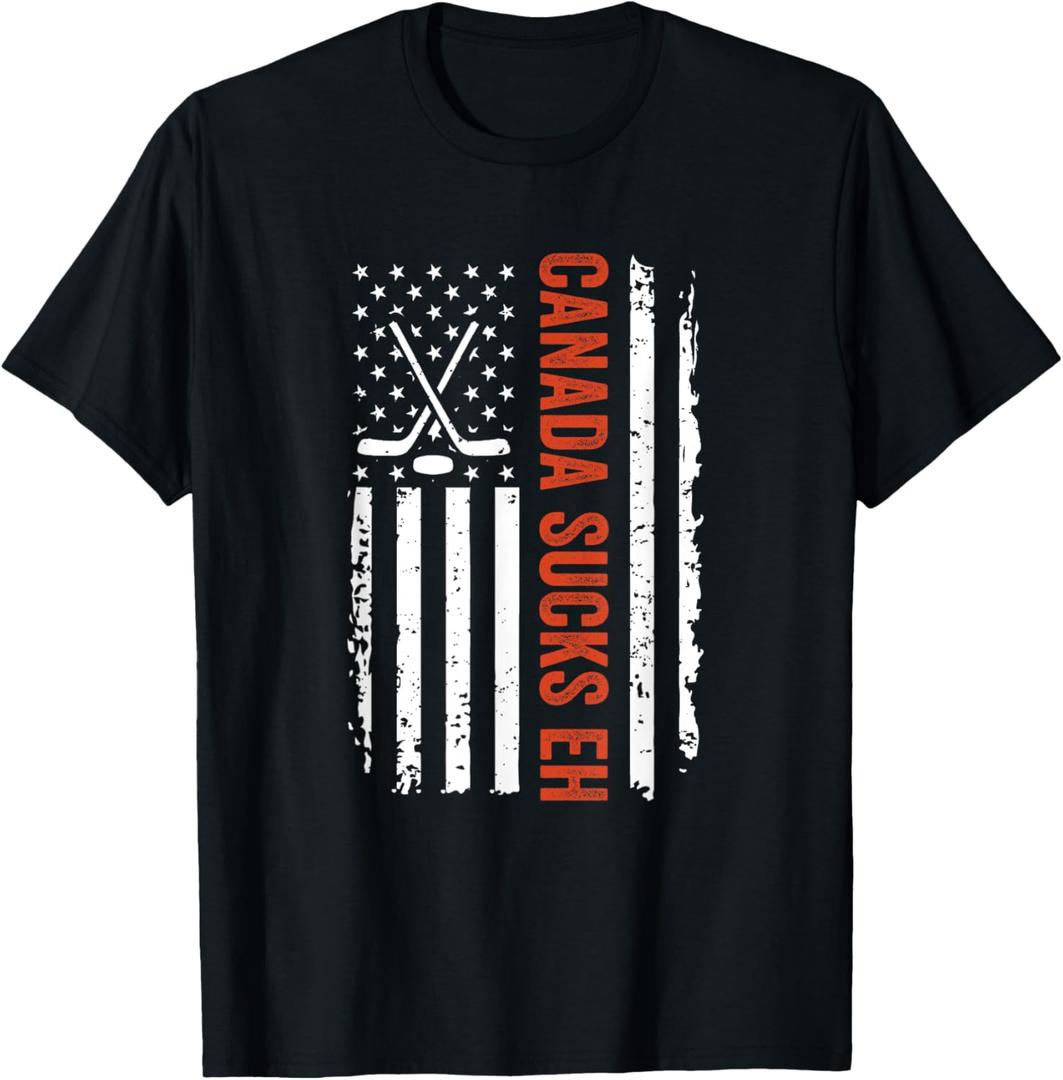 Funny Canada Sucks Eh US Hockey Fan Vintage American Flag T-Shirt, XL
