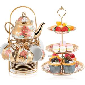 Maxcheck 21 Pcs Porcelain Tea Set for Women Tea Party with Metal Holder and 3 Tier Cake Stand Ceramic European Floral Teapot Set for Adults Mother's Day Christmas Thoughtful Gift(Vintage Style)