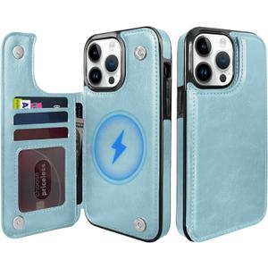 TopPerfekt for iPhone 14Pro Max Magnetic Flip Wallet Case 6.7", Compatible with MagSafe, Leather Card Holder Kickstand for iPhone 14 Pro Max (Sky Blue, iPhone 14 Pro Max)