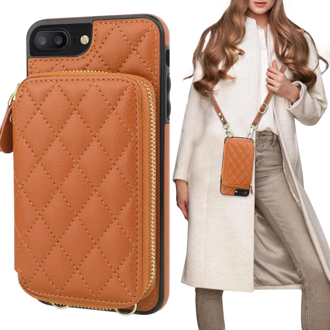 Bocasal Crossbody Wallet Case for iPhone 7/8 Plus, RFID Blocking PU Leather Zipper Handbag Purse Flip Cover, Kickstand Folio Case with Card Slots Holder Wrist Strap Lanyard 5.5 Inch (Brown)