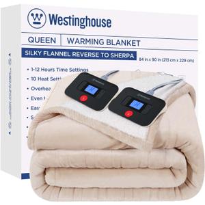 Westinghouse Electric Blanket Queen, Heated Blanket Queen Size with 10 Heating Levels and 1 to 12 Hours Heating Time Settings, Flannel to Sherpa Reversible, Machine Washable (84" x 90", Beige)
