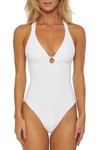 Soluna Swim Plunge Halter Maillot - Women's One Piece Swimsuit, Adjustable, Tie Back, Bathing Suits for Women, White, Large