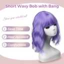 Light Purple Wigs with Bangs for Women,Shoulder Length Short Wavy Bob Wigs With Bangs Synthetic Bob Wig Curly Lavender Wig Heat Resistant Colorful Wavy Wig Cosplay Fun Wigs For Daily Party.