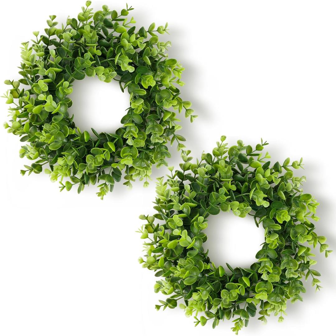 DDHS 10 Inch Artificial Boxwood Small Wreath for Front Doors, 2 Packs Green Leaves Wreath, Spring Summer Mini Wreaths for Indoor Outdoor Hanging Wall Window Wedding Home Decor Party Farmhouse