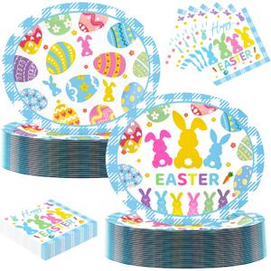 100 Pcs Easter Oval Paper Plates and Napkins Set, 10" x 12" Party Plates,Large Disposable Dinner Plates for Easter Party Supplies