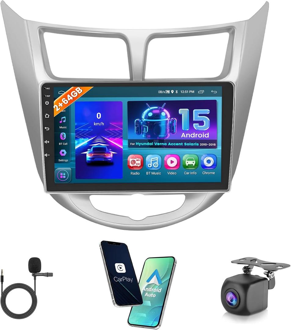 Hikity 2+64GB Android Car Stereo for Hyundai Accent Verna Solaris 2010 2011 2012 2013 2014 2015 2016 Radio 9 Inch Touchscreen Radio Wireless Carplay Android Auto GPS WiFi Bluetooth FM Backup Camera