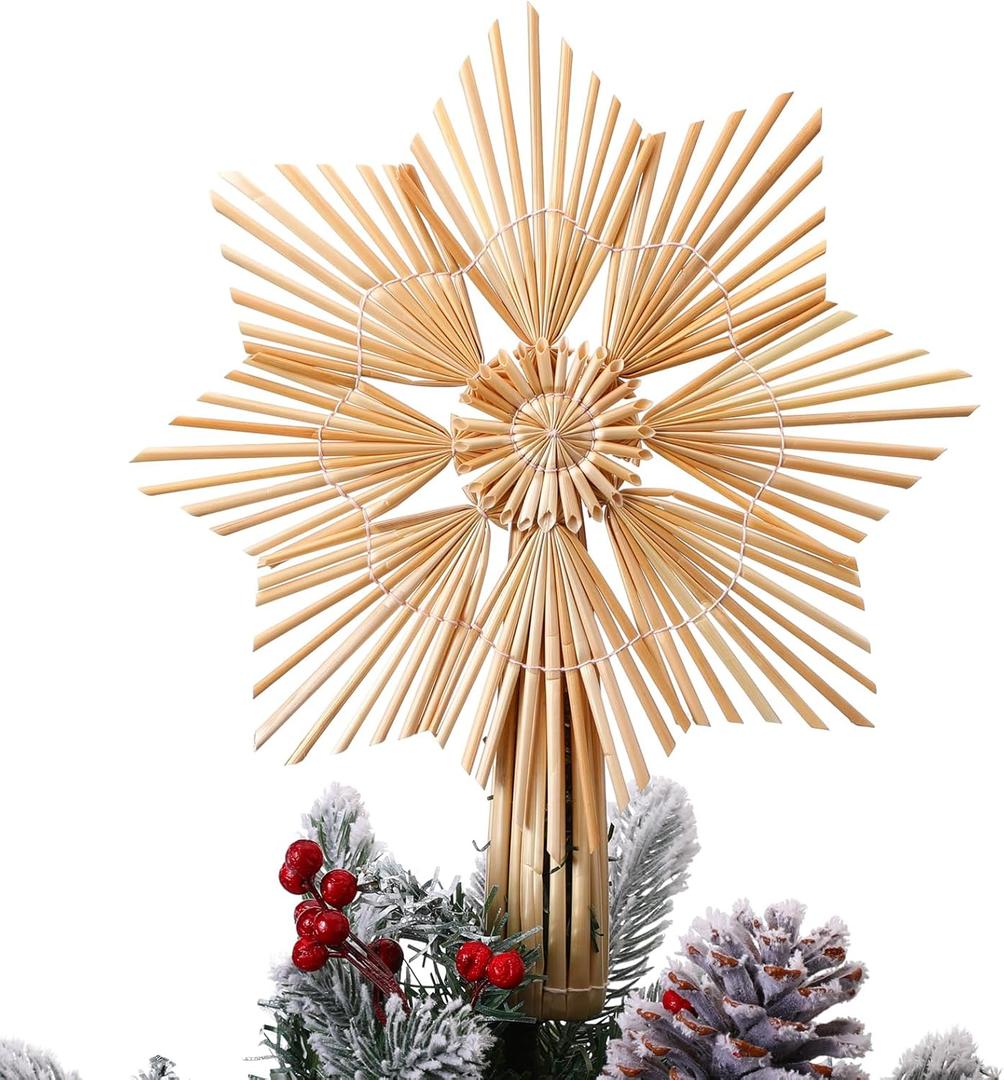 Christmas Straw Tree Topper Straw Star Ornaments 10'x 12' Scandinavian Snowflake Tree Topper Swedish Nordic Lightweight Deocr for Xmas Home Indoor Farm Decoration(Classic)